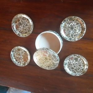 Vintage Japan Floral Pinapple Paper Mache Boxed Coaster Set of 4 Alcohol Proof